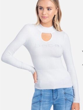 Bebe White Keyhole Long-Sleeve Swarovski Crystal logo Knit Top